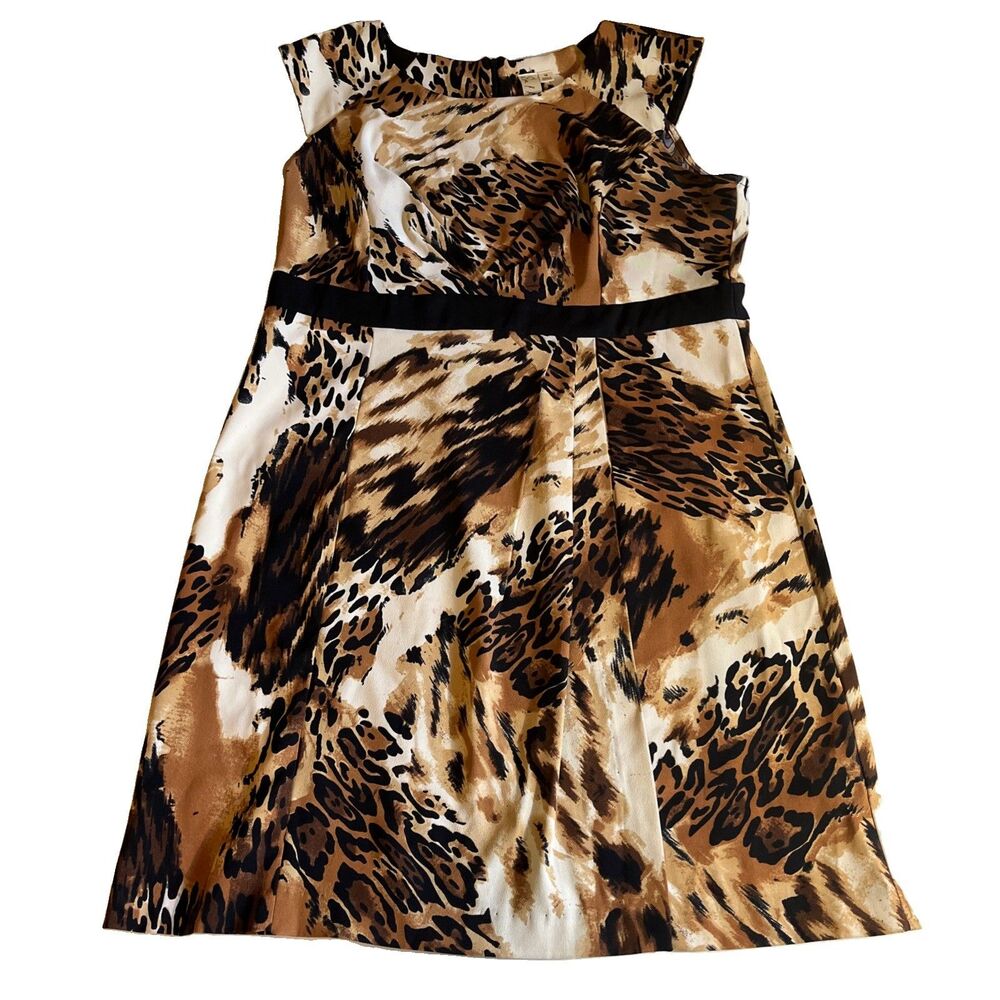 Emma & Michele Animal Print Dress Womens 16 Brown Black Knee Length Zip Pleated